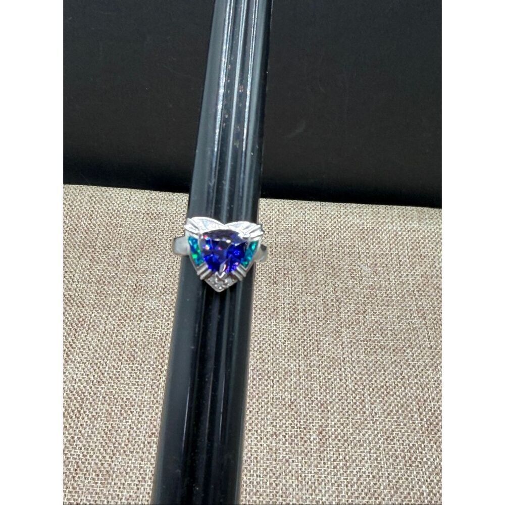 Sterling Silver 925 Blue Heart Ring w/ Lab Opal Inlay & CZ Accents – Size 7